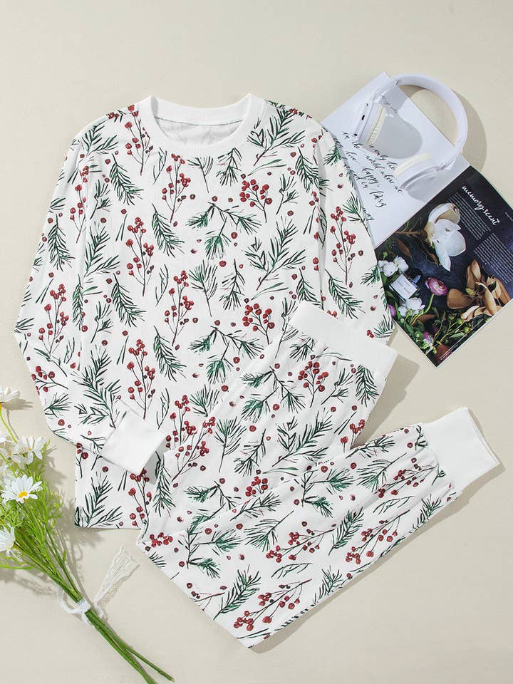 White LALALOO Christmas Holly Top and Pants Lounge Set for wholesale on Faire4