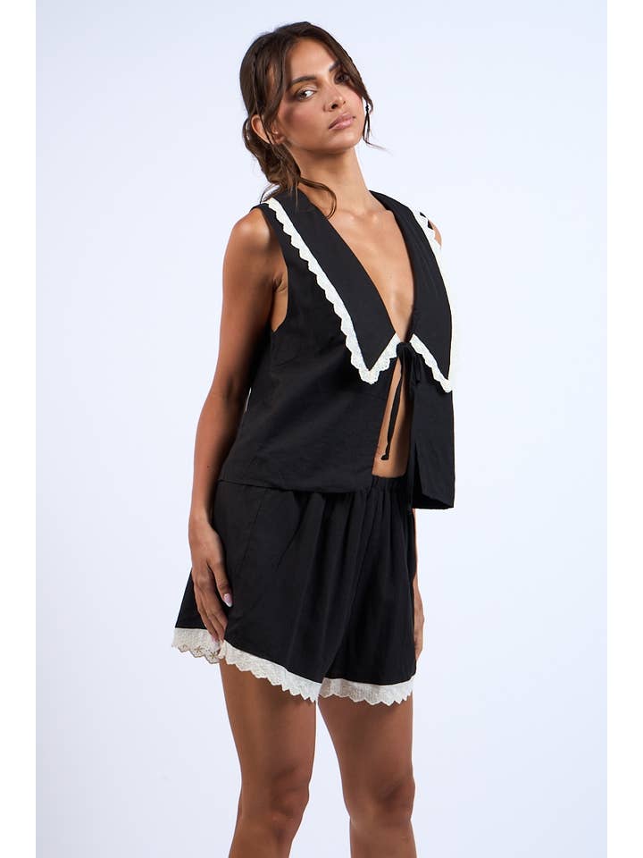 Sky to Moon - Wholesale Top & Short Set (NOT Loungewear) - Women's - WIDE COLLARED FRONT TIE LACE TRIM TOP & SHORTS SET7