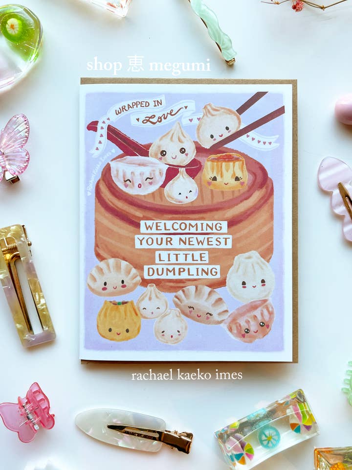 Carte de félicitations pour bébé : Accueillir votre nouveau petit ravioli | Carte de félicitations pour bébé Shumai Dumpling | Carte de félicitations Xiao Long Bao Dumpling | Carte de félicitations pour bébé Gyoza pour la vente par shop megumi