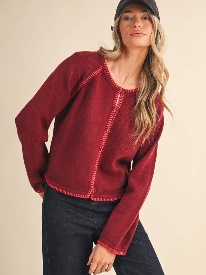 &MERCI - Wholesale Cardigan - Women's - CONTRAST BLANKET STITCH SWEATER CARDIGAN MSW1119650