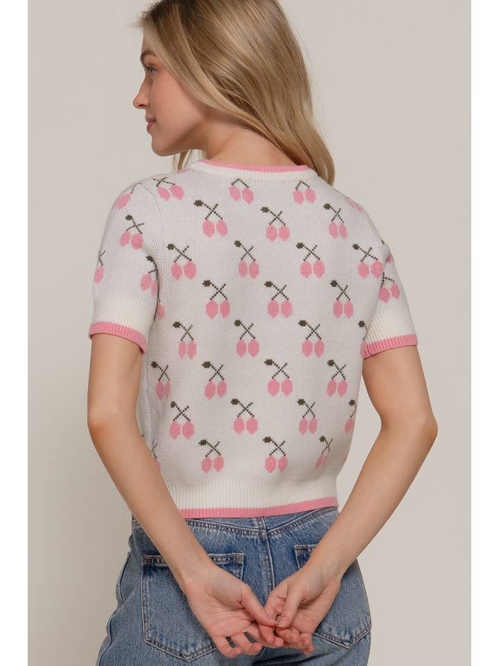 Active Basic | Active USA - Wholesale Knit Top - Women's - Short Sleeve Contrasting Edge Line Cherry Pattern Sweater5