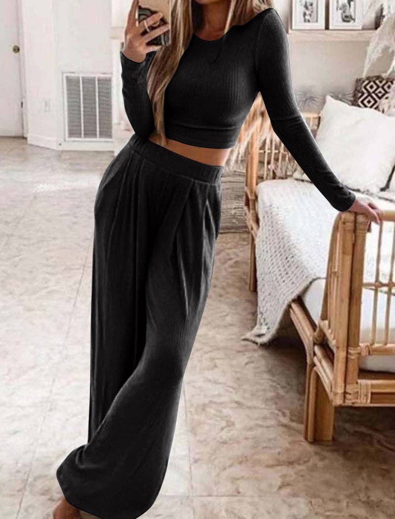 safistyle - Wholesale Lounge Set - Women's - Ribbed Two-Piece Crop Top and Wide Pants Set3