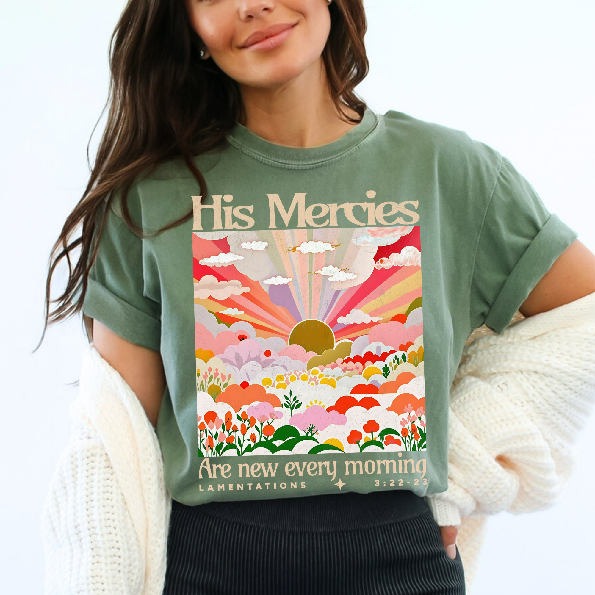 Scripted Pearl - Wholesale Screen Printed T-Shirt - Women's - His Mercies Are New Floral Comfort Colors Christian T Shirt11