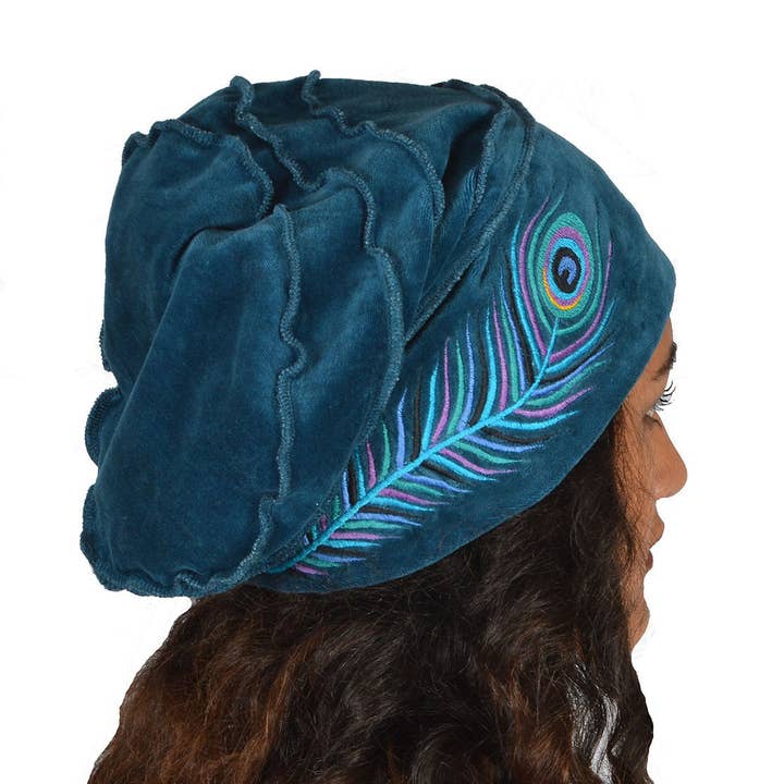 Dalfiya - Wholesale Fashion Headband - Women's - Peacock Feather Embroidered Cotton Velvet Slouch Hat