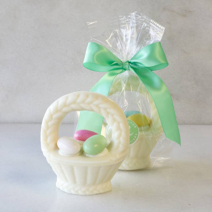4.5oz Solid White Chocolate Egg Basket with Jordan Almonds for wholesale by Maggie Lyon Chocolatiers