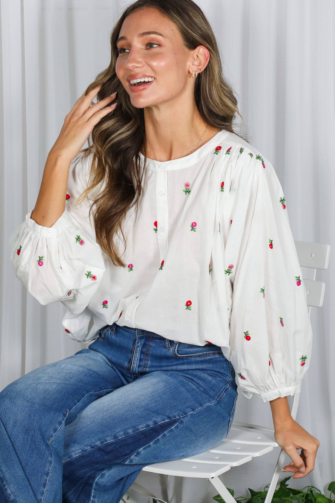 Off White English Ross Embroidered Draped 3/4 Sleeve Blouse VT82897 for wholesale on Faire1