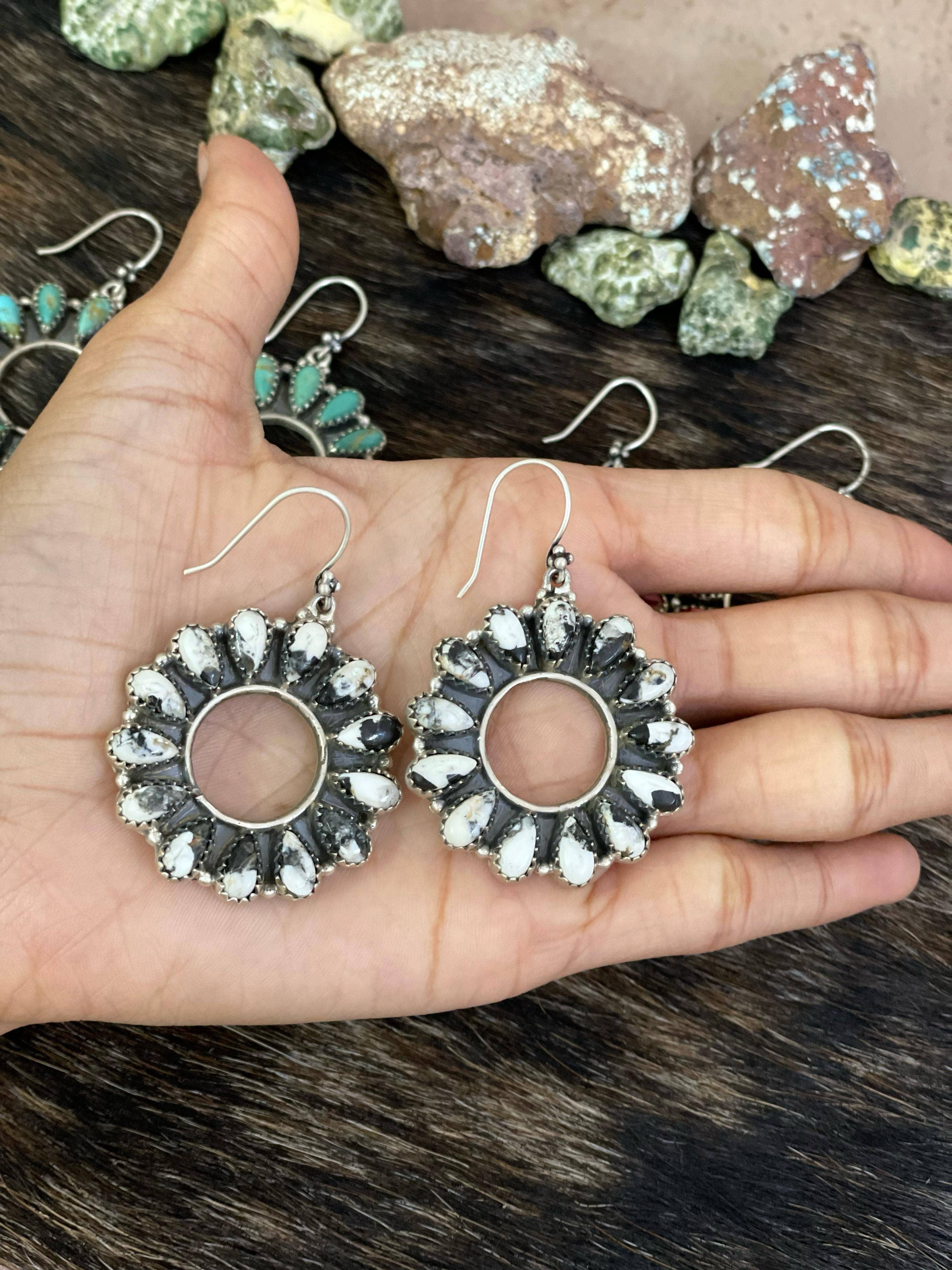 Nizhonitradersllc – wholesale Dangle earrings – Handmade Sterling Silver Cotton Candy, Red Rose Dahlia, White Buffalo, Kingman Turquoise Circle Dangle Earrings with Signed Nizhoni2