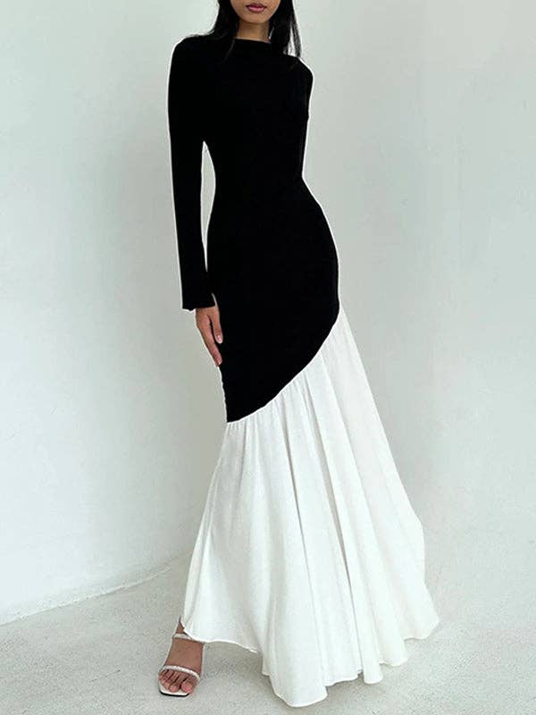 BLACK WHITE Bodycon High Waisted Contrast Color Pleated Split-Joint Round-Neck Maxi Dresses for wholesale on Faire1