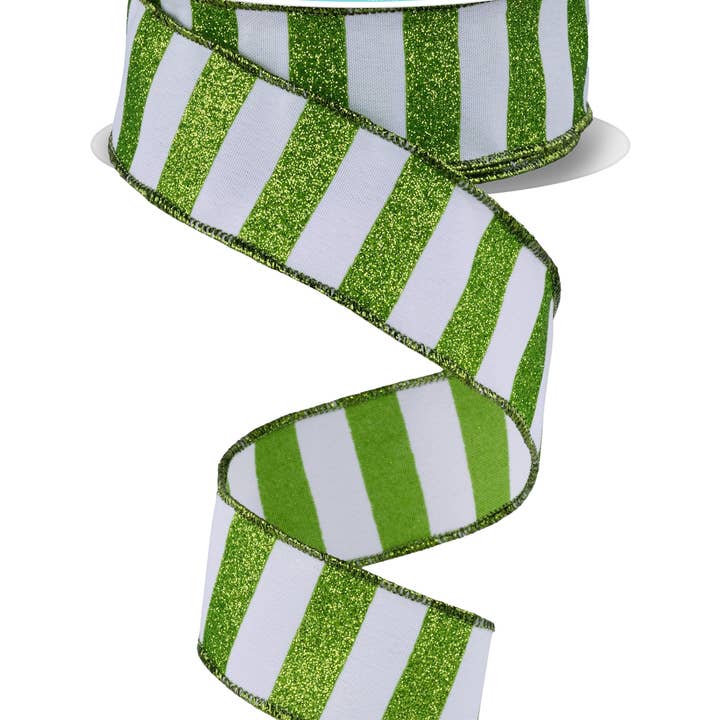 1.5"X10Yd Horizontal Glitter Stripes White/Lime Green RGF1966F5 for wholesale by DecoExchange