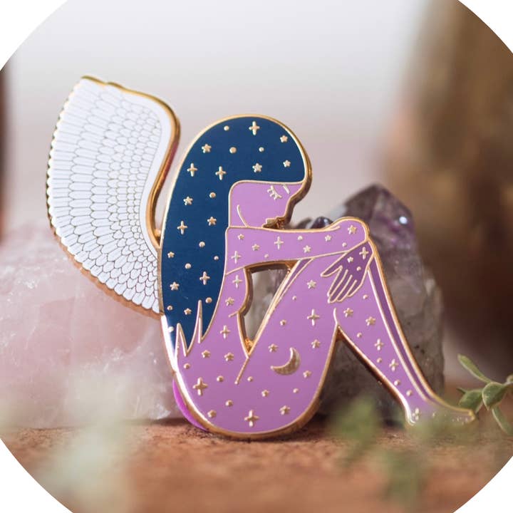 GODDESS OF REFLECTION ENAMEL PIN, PURPLE AND GOLD for wholesale by CLEOMAGICK