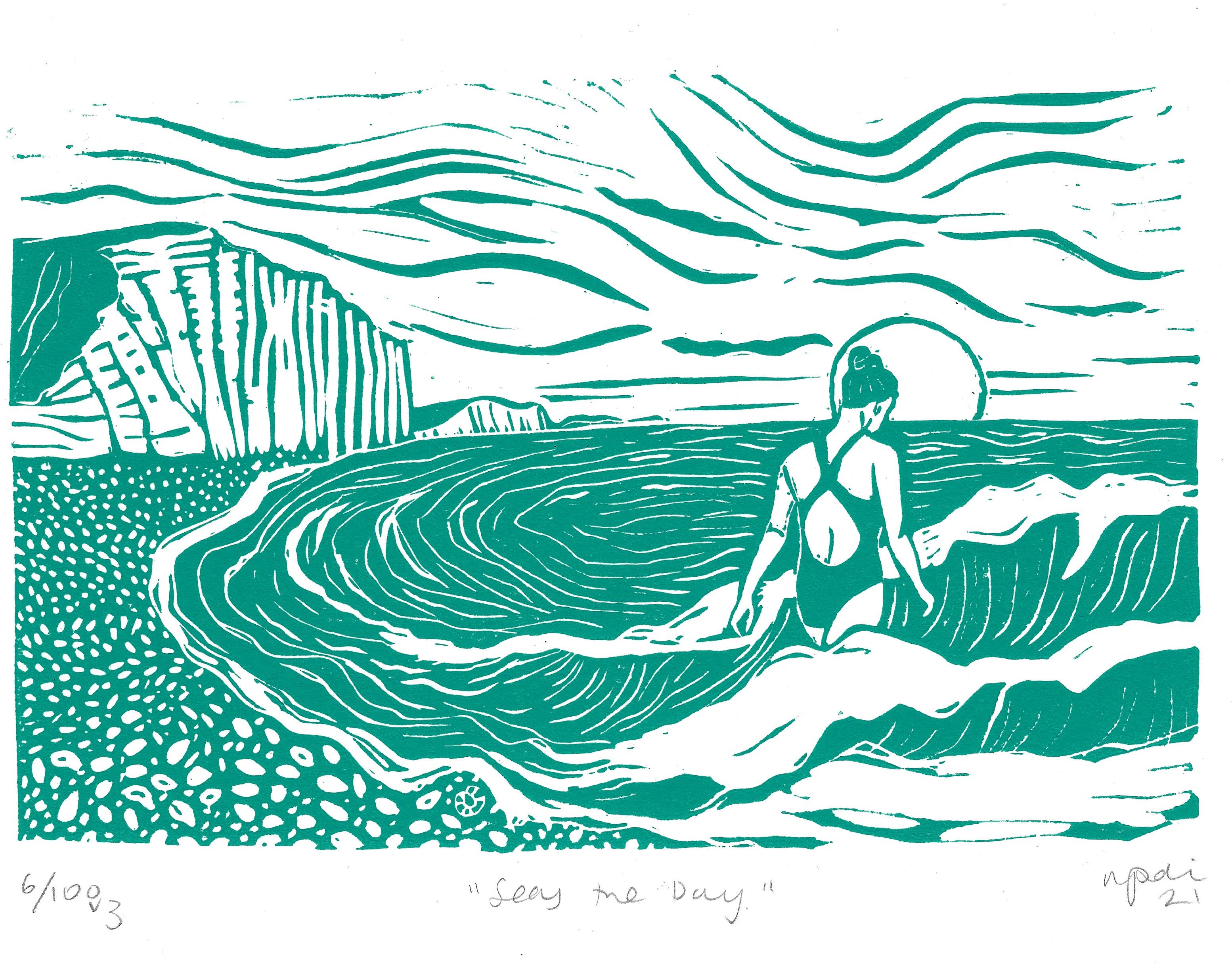 Prints by the Bay - Wholesale Art Print - Seas the Day print, swimmer, woman, sea, waves, seaside2