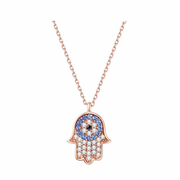 Colar com pingente Pave Gemstone 14K em ouro rosa Hamsa Azul e Branco por atacado de Fanci Me Jewelry