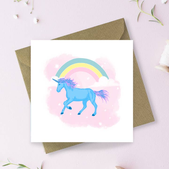 Biglietto di auguri di compleanno con unicorni e arcobaleni per la vendita all'ingrosso da parte di Sayers Studio