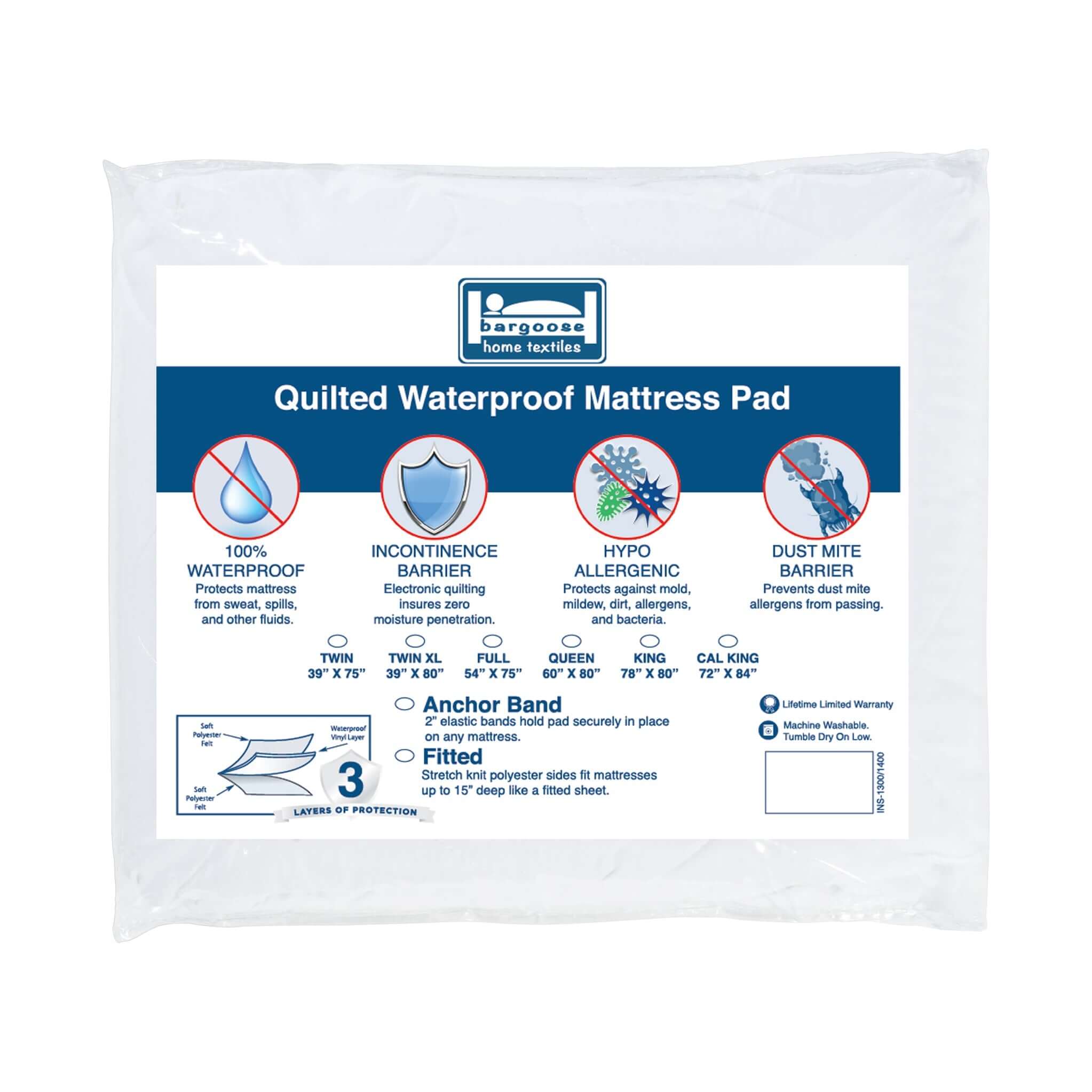 Bargoose Home Textiles - Wholesale Mattress Pad/Protector - Bargoose Quilted Waterproof Mattress Pads - Anchor Band and Fitted Style Available