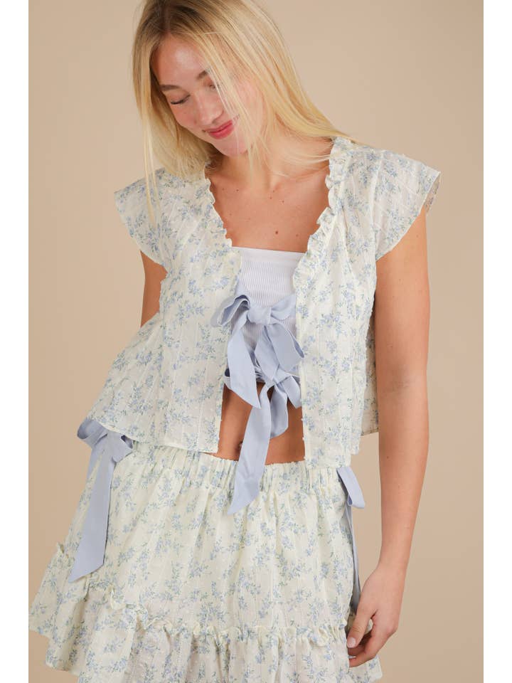 VERY J - Wholesale Blouse - Women's - NT12162-Floral Printed Front Bow Blouse Top
