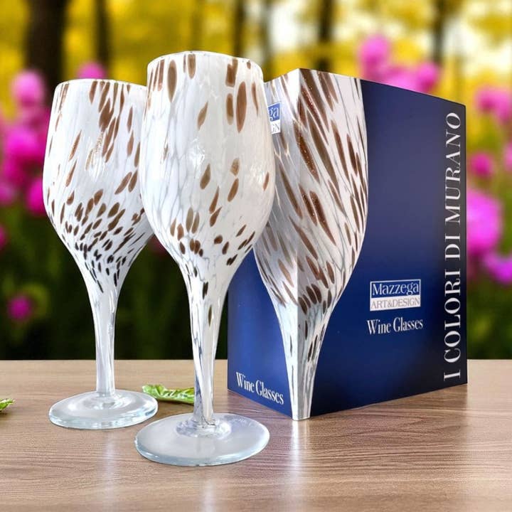 Hvide glasskåle/glas med aventurin, håndblæst og håndlavet med gaveæske «The Colors of Murano» – lavet i Italien for engroshandel hos Mazzega Art & Design