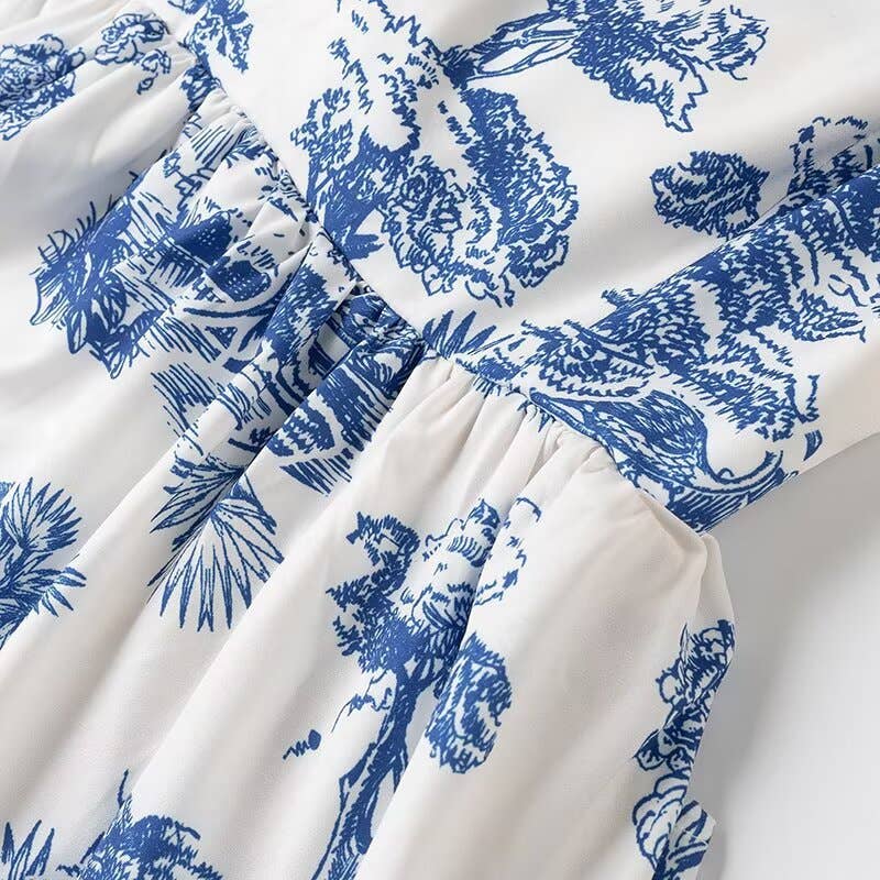 Blue Floral Toile print strappy dress w open back bow tie for wholesale on Faire3