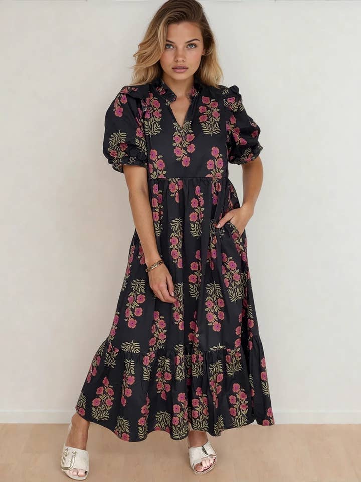 Kali Floral Short Bubble Sleeve Tiered Maxi Dress - Black for wholesale by Indie & Co. | Women's Apparel