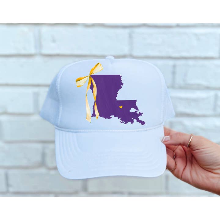 LSU Tigers Coquette Bow State Trucker Hat Louisiana for wholesale by Gia Gifts Boutique