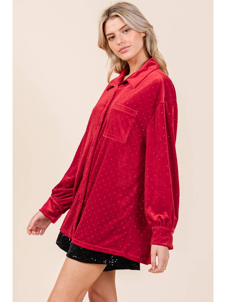 Red Mini Rhinestone Velvet Blouse, MT50776 for wholesale on Faire