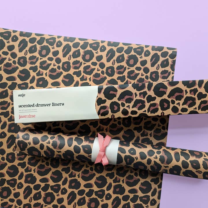 Robert Frederick Ltd - Wholesale Drawer Liner - Saje Scented Drawer Liner - Set of 5 Jasmine - Leopard Print Design