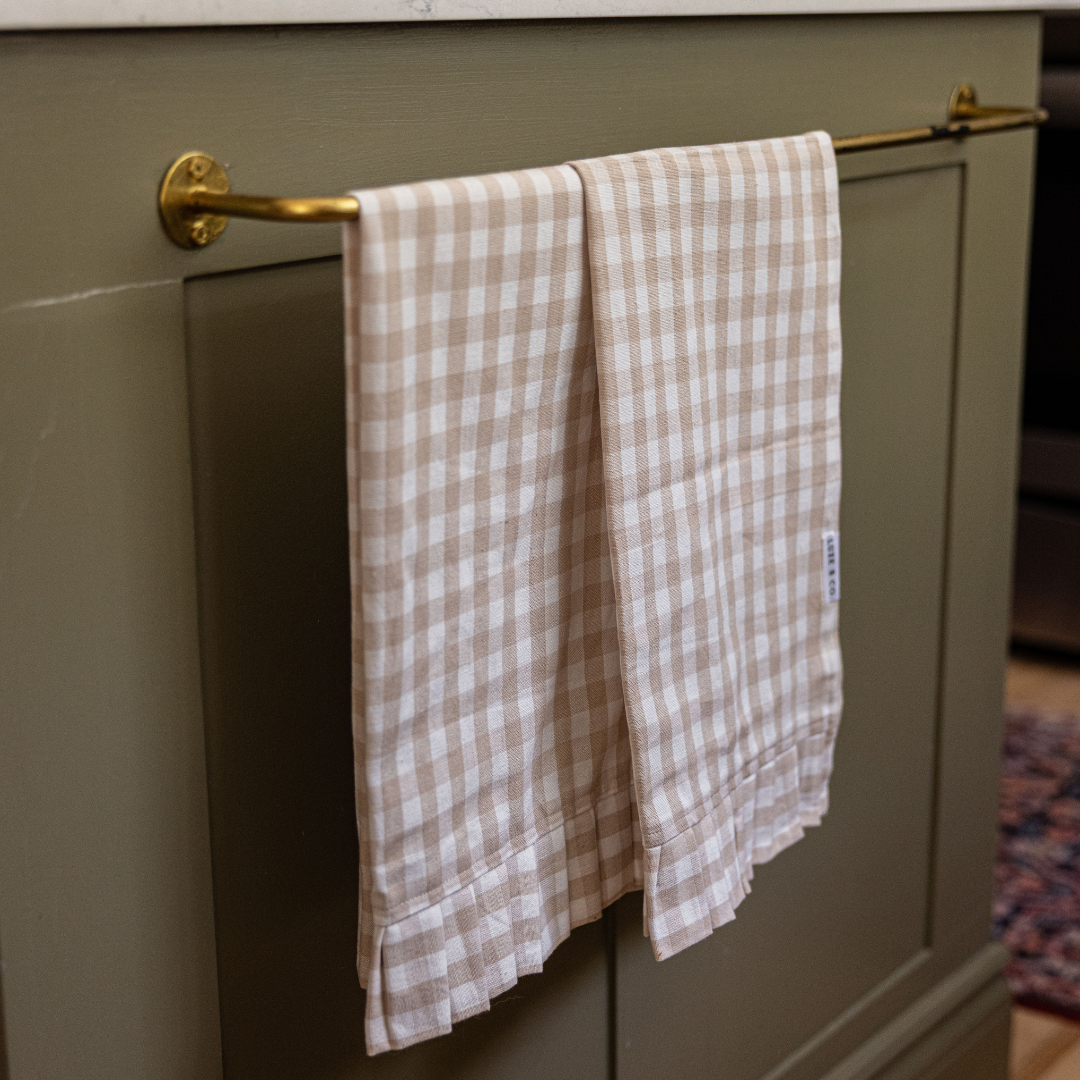 Luxe B Co - Wholesale Tea Towel - Ruffle Beige Gingham Kitchen Dish Towel2