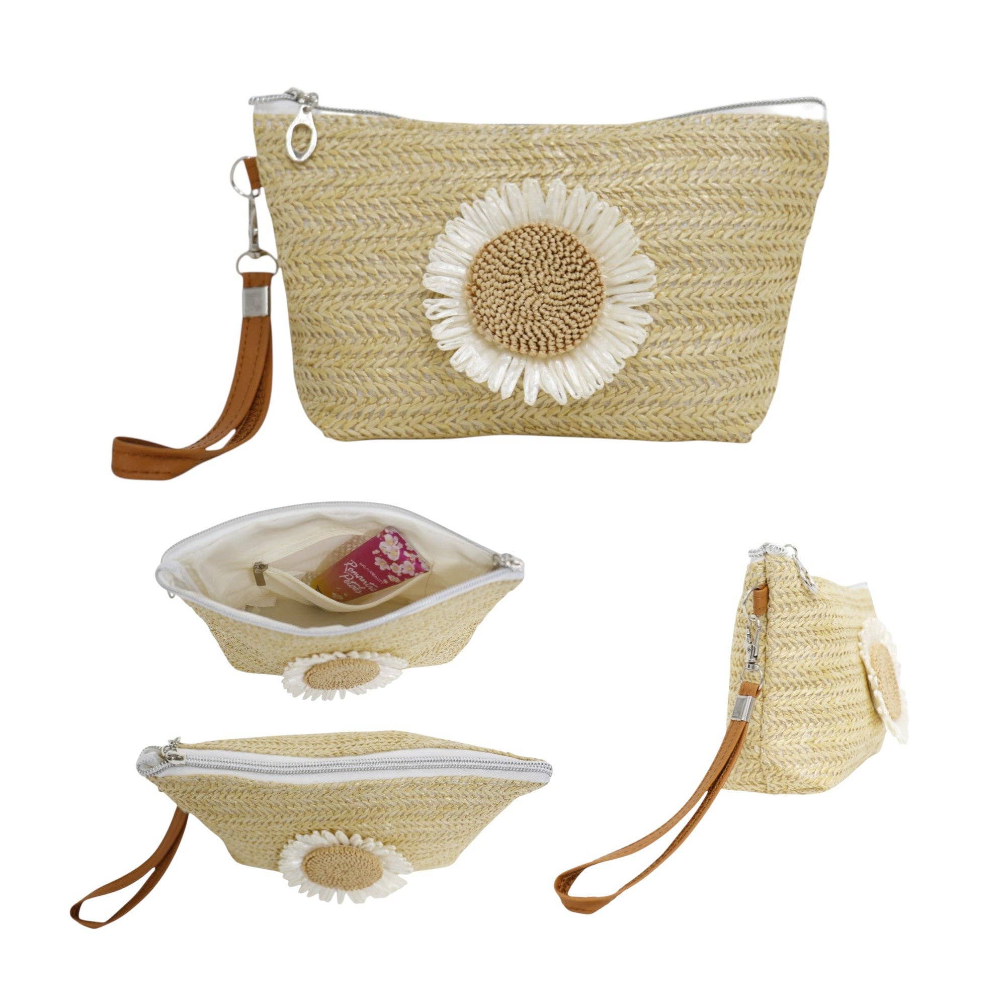 ASSORTED Daisy Flower Straw Makeup Pouch JB5526-7. (12PC) for wholesale on Faire4