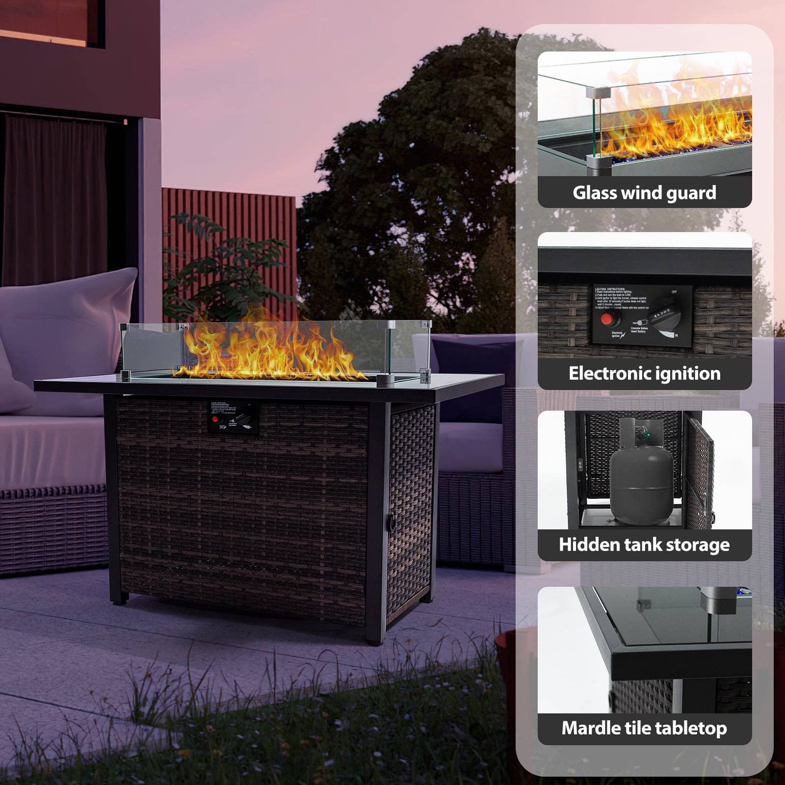 39F Inc. - Wholesale Fire Pit - 50,000 BTU Propane Gas Fire Pit Table, 44" with Lid & Glass 6