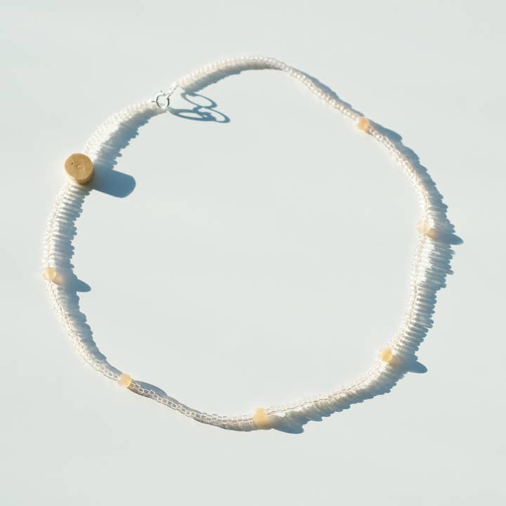 Sunstone, Japanese Glass Bead, & Wooden Bead Necklace for wholesale by Object Flux