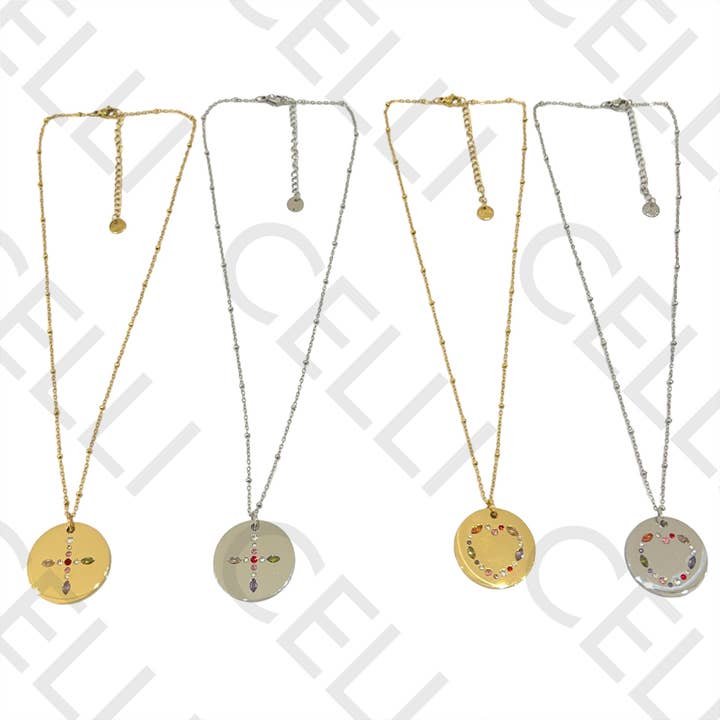 Collar de Acero (malla ovalada aplanada con bolitas) - medalla brillantes de colores cruz / corazón para venta al por mayor de Celli Biju