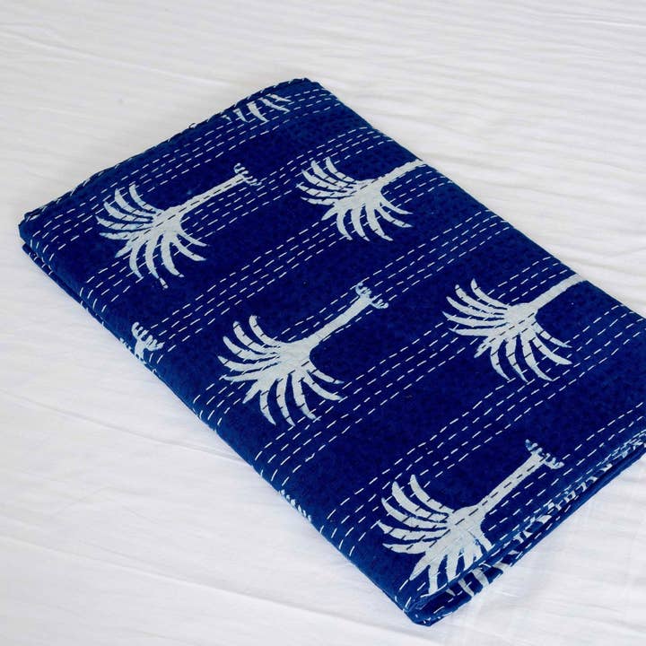 Glamthread - Wholesale Quilt - Linen Connections Handmade Indian Kantha Quilt - Palm Tree Indigo1