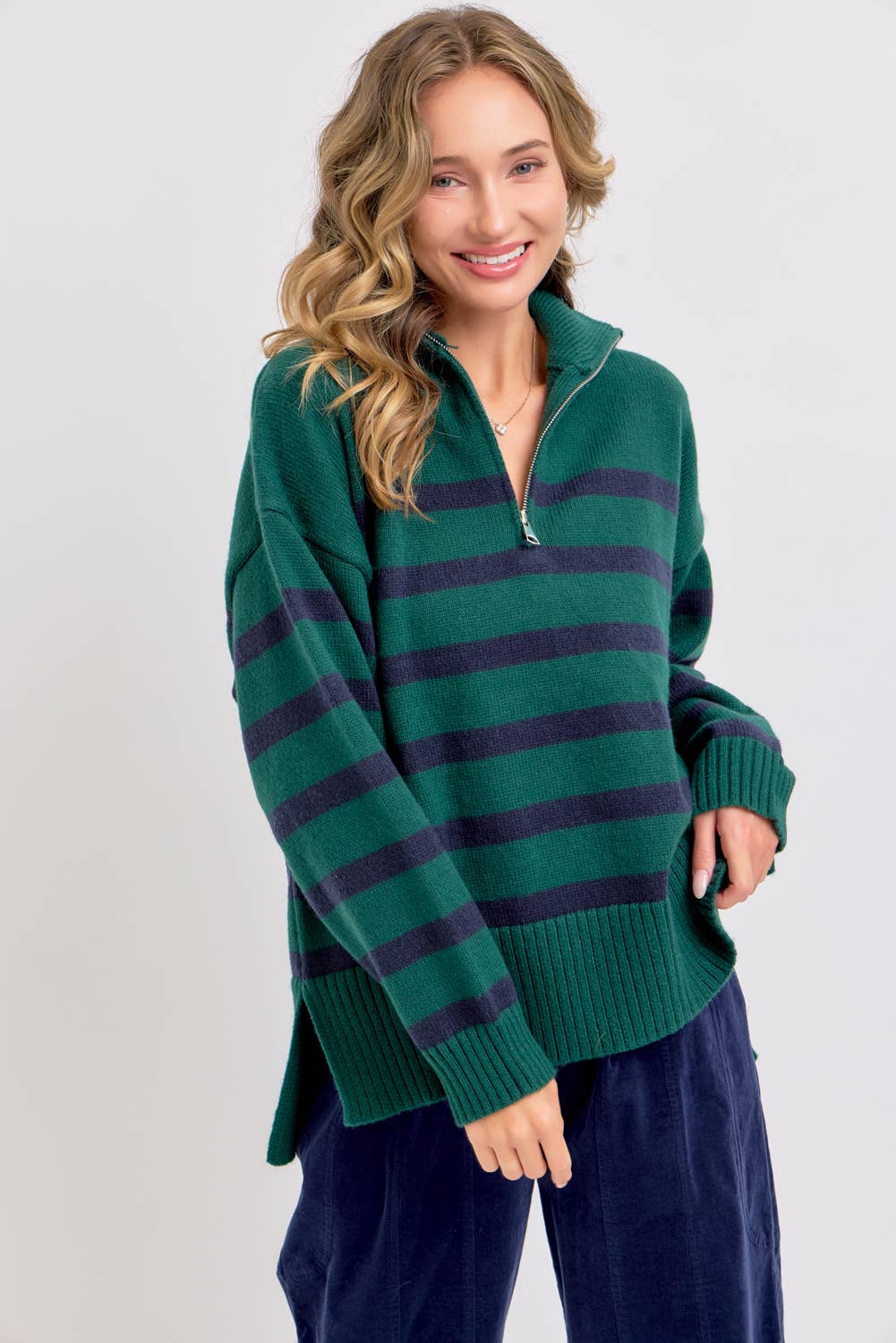 Sweet Lovely by Jen - Wholesale Knit Sweater - Women's - STRIPED ZIP-FRONT OVERSIZED PULLOVER KNIT SWEATER  33