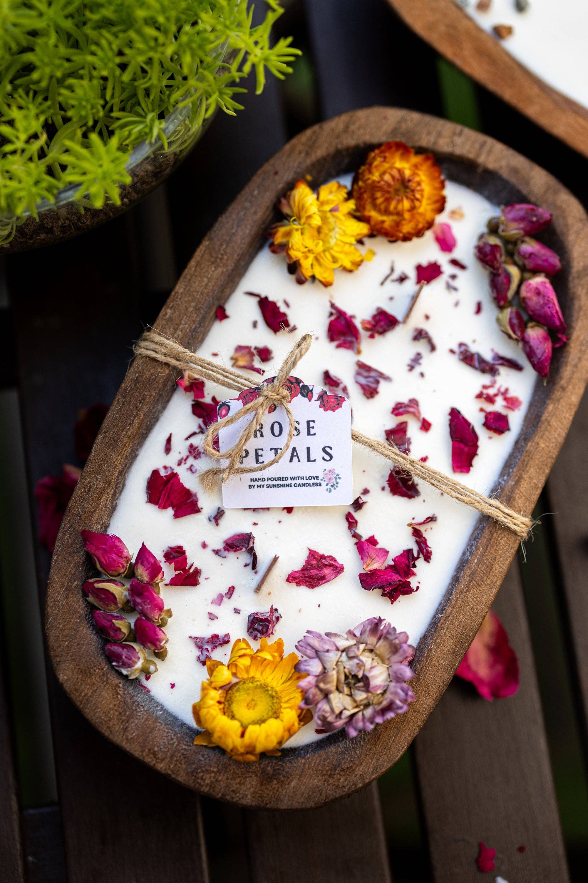 MySunshineCandless - Wholesale Pot/gevulde kaars - Dough Bowl-kaars met houten lont en sojawas | Rozenblaadjes en rozentuin geur | Boerderijstijl | 3 houten lonten | Zomerse geuren4