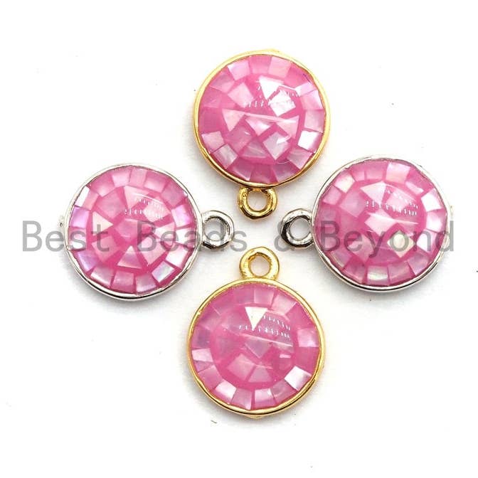 100% Natural PINK Color Shell Round Charm Pendant, Gold Silver Pink Charm, Natural Pink Shell Charm, 10x12mm,SKU#Z321 for wholesale by BestBeads&Beyond
