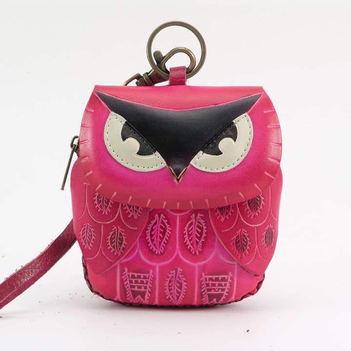 Handgefertigte Leder-Eulen-Handgelenktasche in Pink für den Großhandel von Sunflower Handmade leather inc