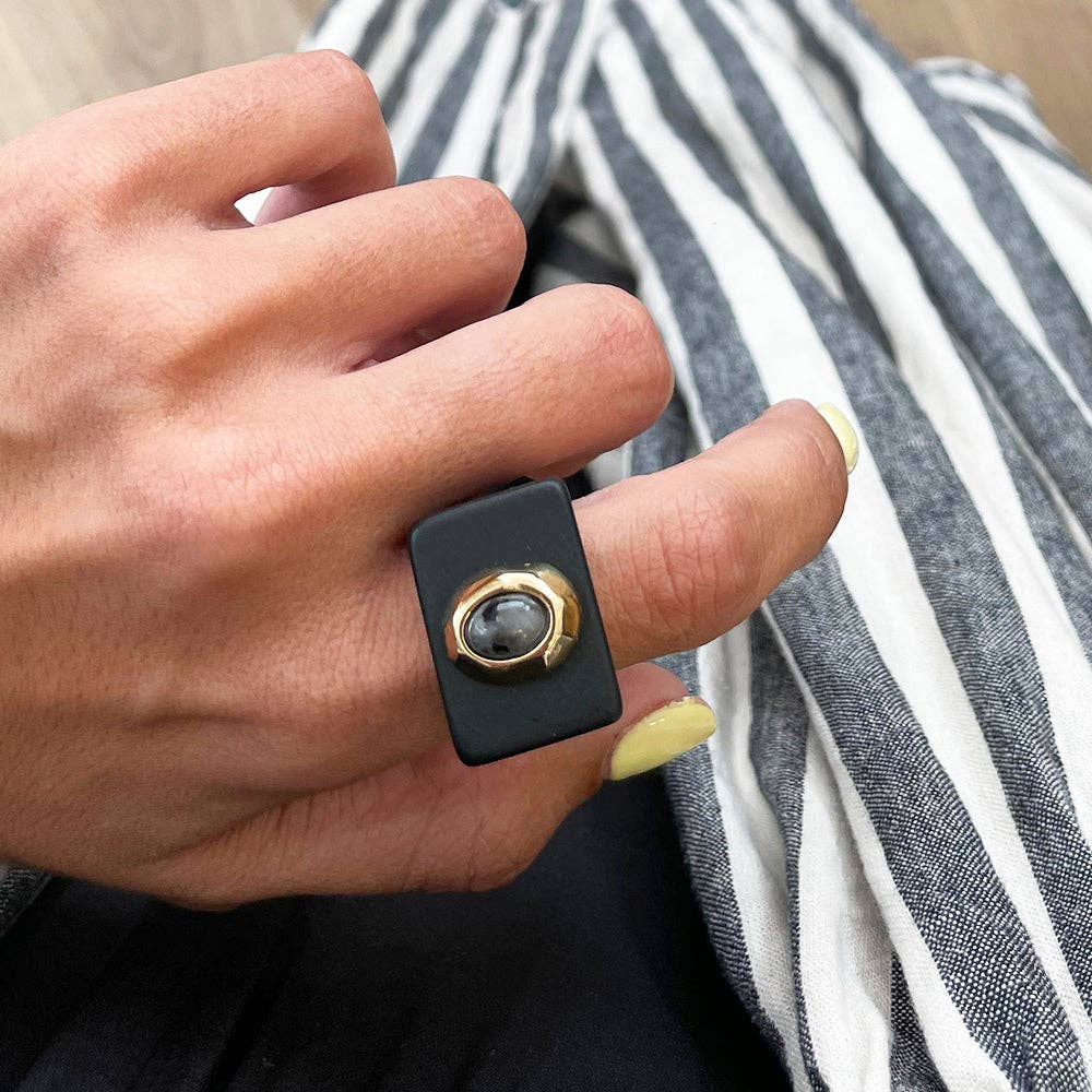 ÉMOLO – Anel de cocktail/declaração por atacado – Anel feminino preto com labradorita2