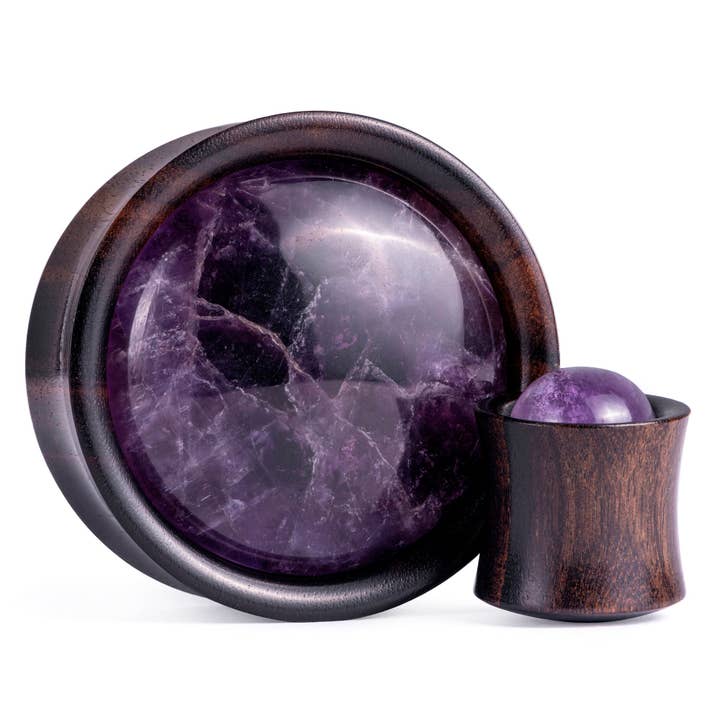 Amethyst Stone Inlay Ebony Wood Plug / Gauge for wholesale by Custom Plugs