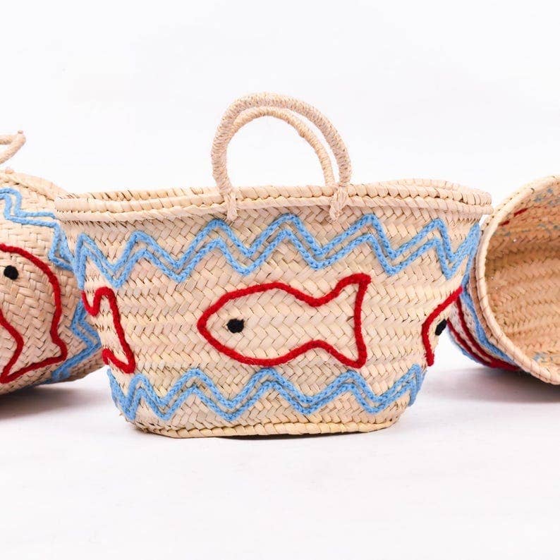 DarKech - Wholesale Beach bag - Handwoven Straw Market Basket with Fish Embroidery 6