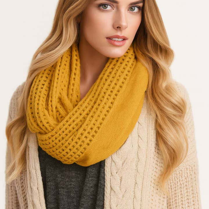 Fennco Styles - Wholesale Scarf - Women's - Mustard Open Grid Infinity Loop Scarf1