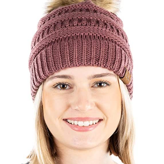 Funky Junque – wholesale Beanie – Women's – C.C Faux Fur Pom Beanie - Coco Berry3