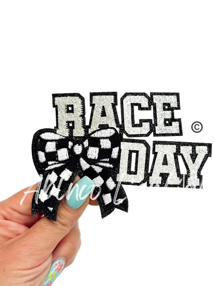 Race Day Checkered Bow Glitter Patch - Small for wholesale by ABLNco