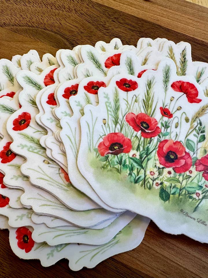 Red Poppy: Autocolante em Vinil Impermeável de 3" | Flor de Nascimento de Agosto *Frete Grátis por atacado de Brown Lillie