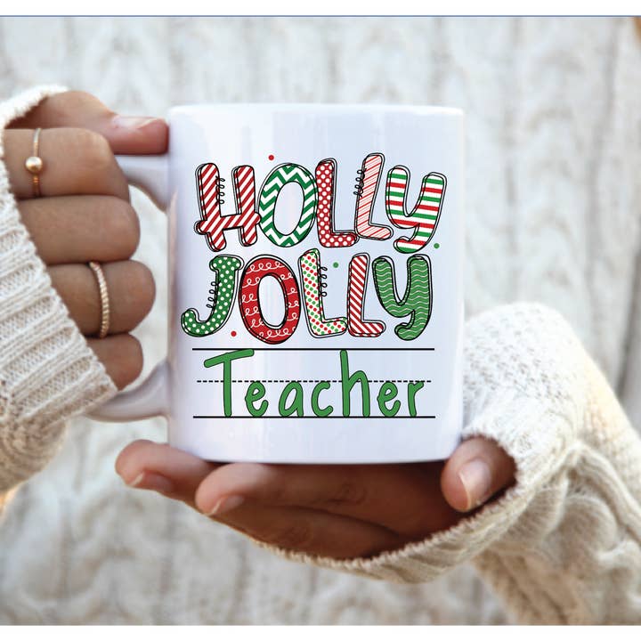 Holly Jolly Teacher Holiday Coffee Mug for wholesale by BB’s Shebang