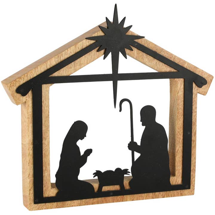 Julekrybbe med figurer, sort/natur, træ/metal, 20x3x23cm for engroshandel hos Dekoratief