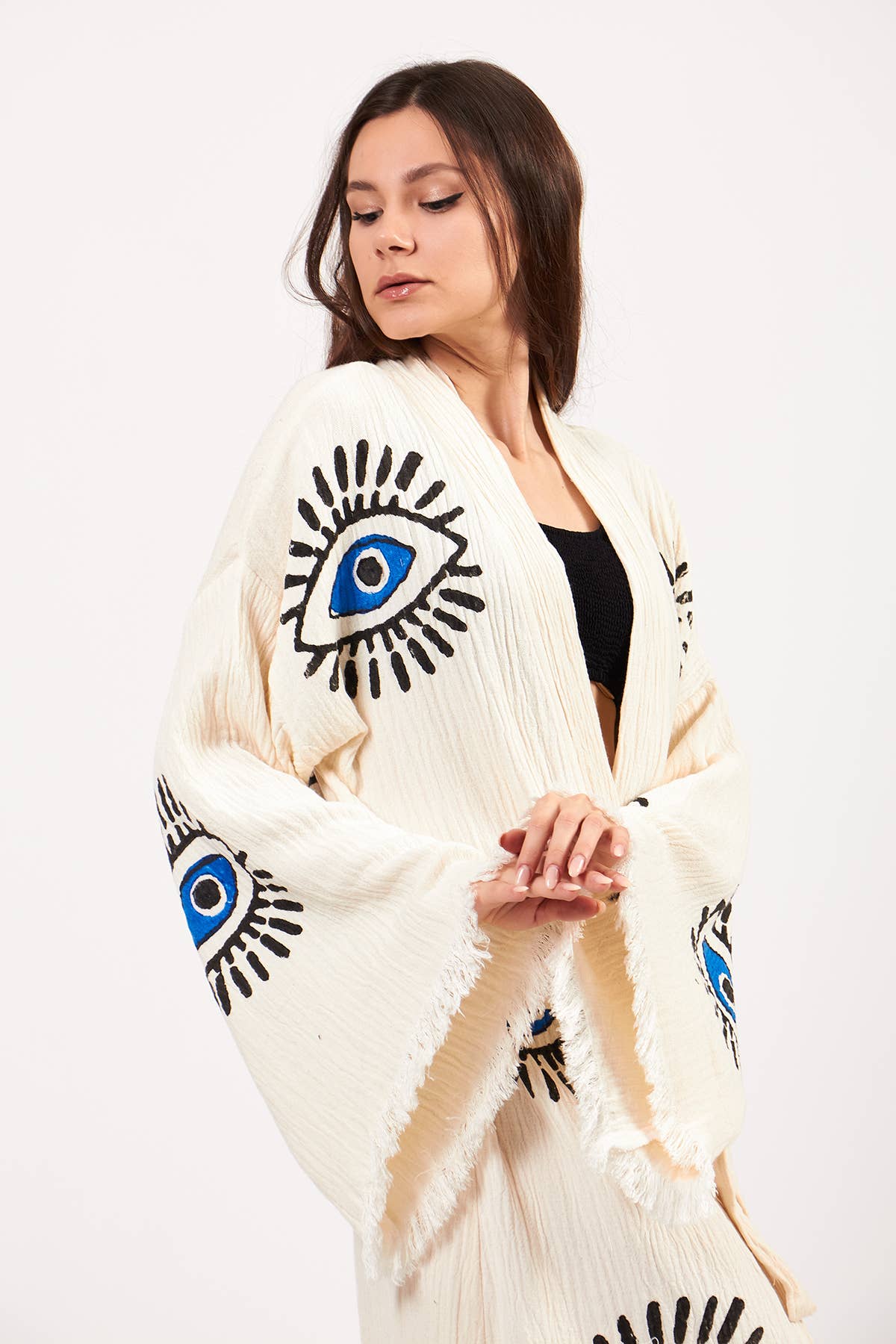 Yaz Concepts - Venta al por mayor Kimono - Mujer - Kimono Turco con Estampado de Ojo Turco Blanco y Azul8