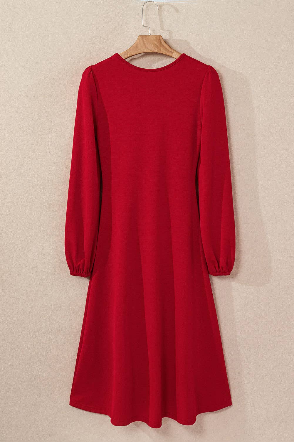 Fiery Red Solid Ruched Long Sleeve Midi Dress for wholesale on Faire6