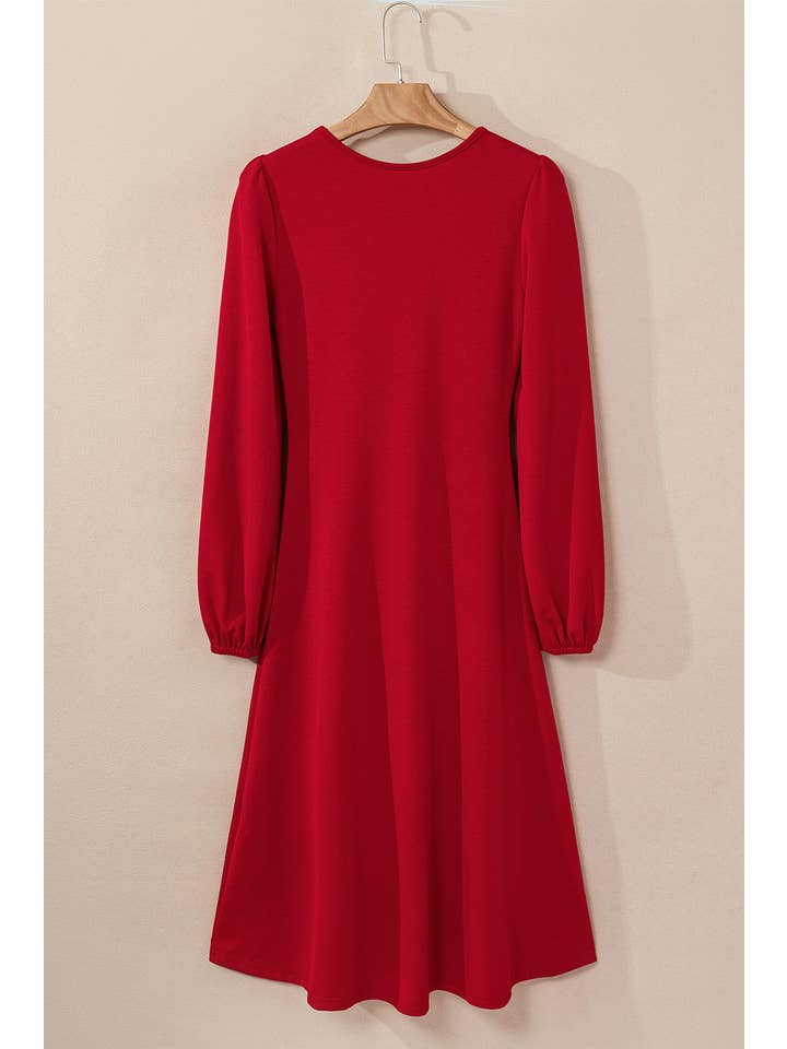 Fiery Red Solid Ruched Long Sleeve Midi Dress for wholesale on Faire6