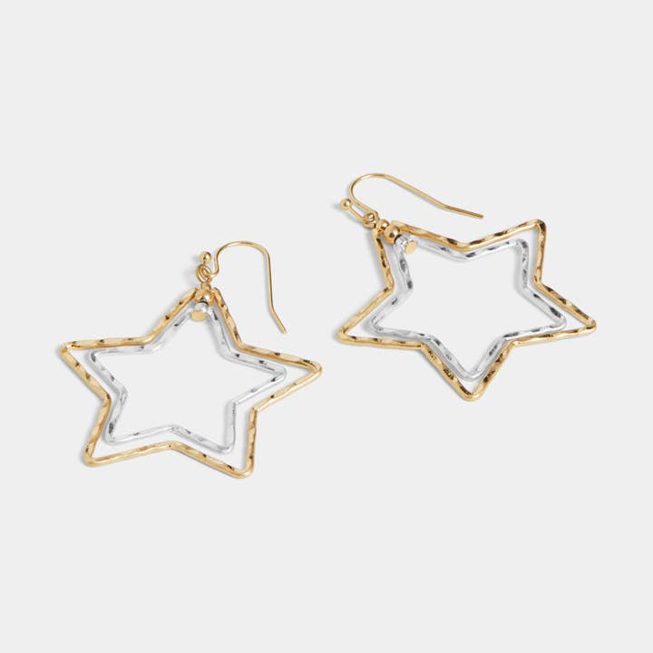 Hammered Star Dangle Earrings - Mixed Metal for wholesale by Whispers