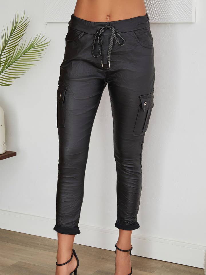 VENTI6 - Wholesale Pants - Women's - PU COATED CARGO CRINKLE JOGGERS (6809-PU)0