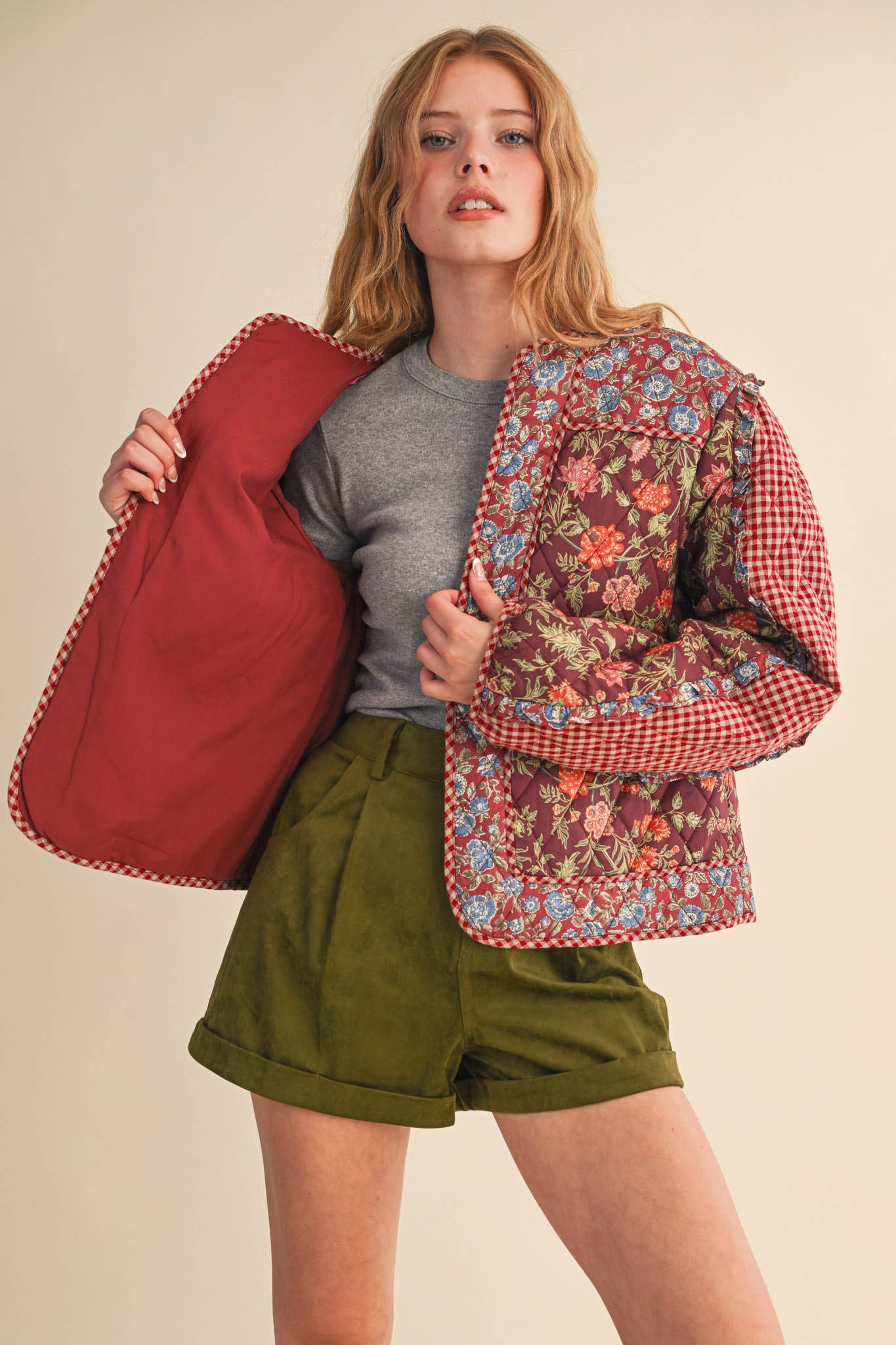 BURGUNDY MULTI MIXED PRINT QUILTED JACKET WITH RUFFLE TRIM MJK4531 for wholesale on Faire2